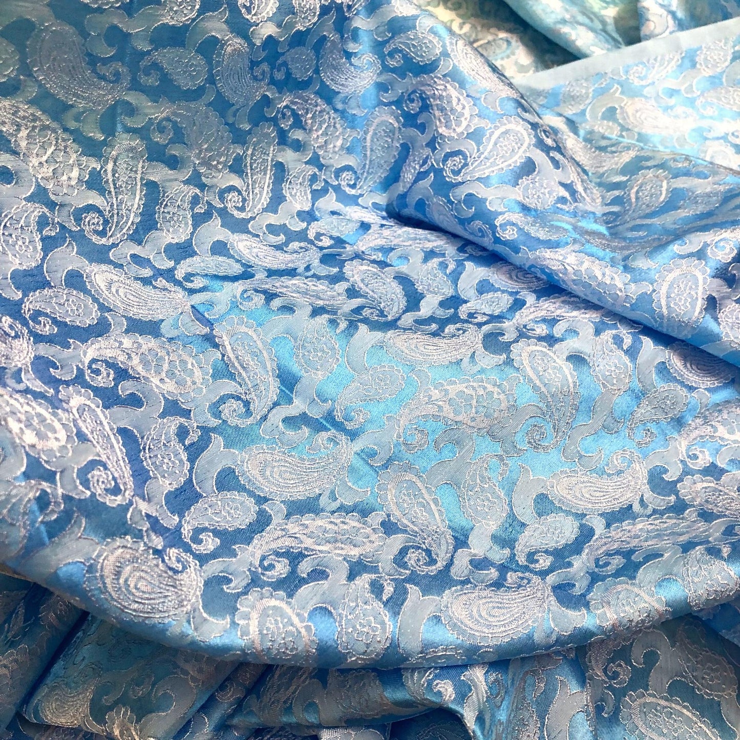 Light Blue fabric with mulberry white peacock tails pattern, Pure mulberry silk, Handmade fabric, Organic fiber