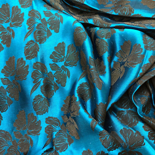 PURE MULBERRY SILK fabric by the yard - Blue silk with black floral pattern - Handmade fabric – Dress making – Silk for sewing - Gift for women