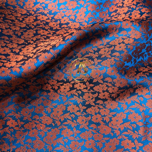 PURE MULBERRY SILK fabric by the yard - Blue silk with orange floral pattern fabric - Handmade silk – Dress making – Silk for sewing - Silk apparel fabric