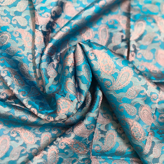 Sky blue fabric with mulberry pink peacock tails pattern, Pure mulberry silk, Handmade fabric, Organic fiber
