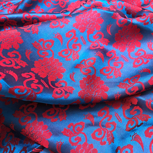 Blue silk with red flower pattern, Floral silk fabric, Pure mulberry silk, Handmade fabric, Organic fiber