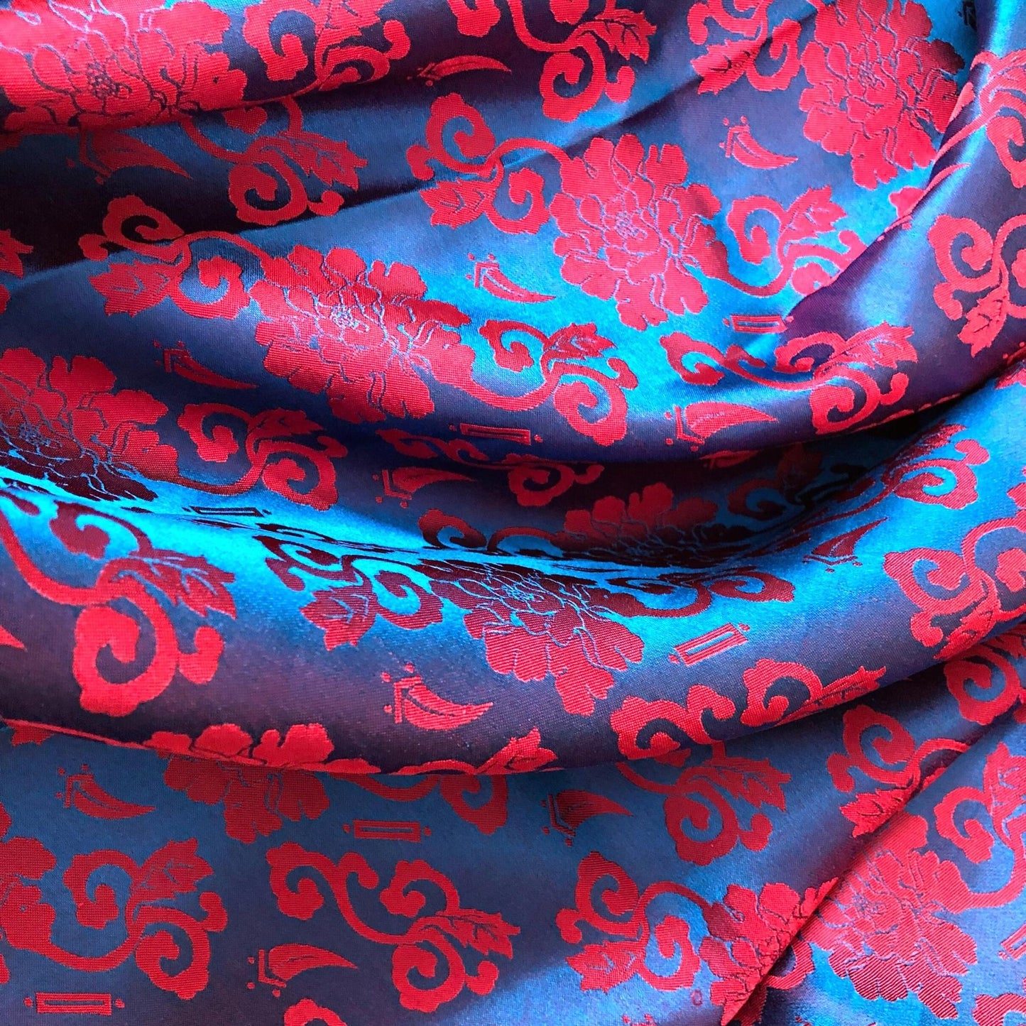 Blue silk with red flower pattern, Floral silk fabric, Pure mulberry silk, Handmade fabric, Organic fiber