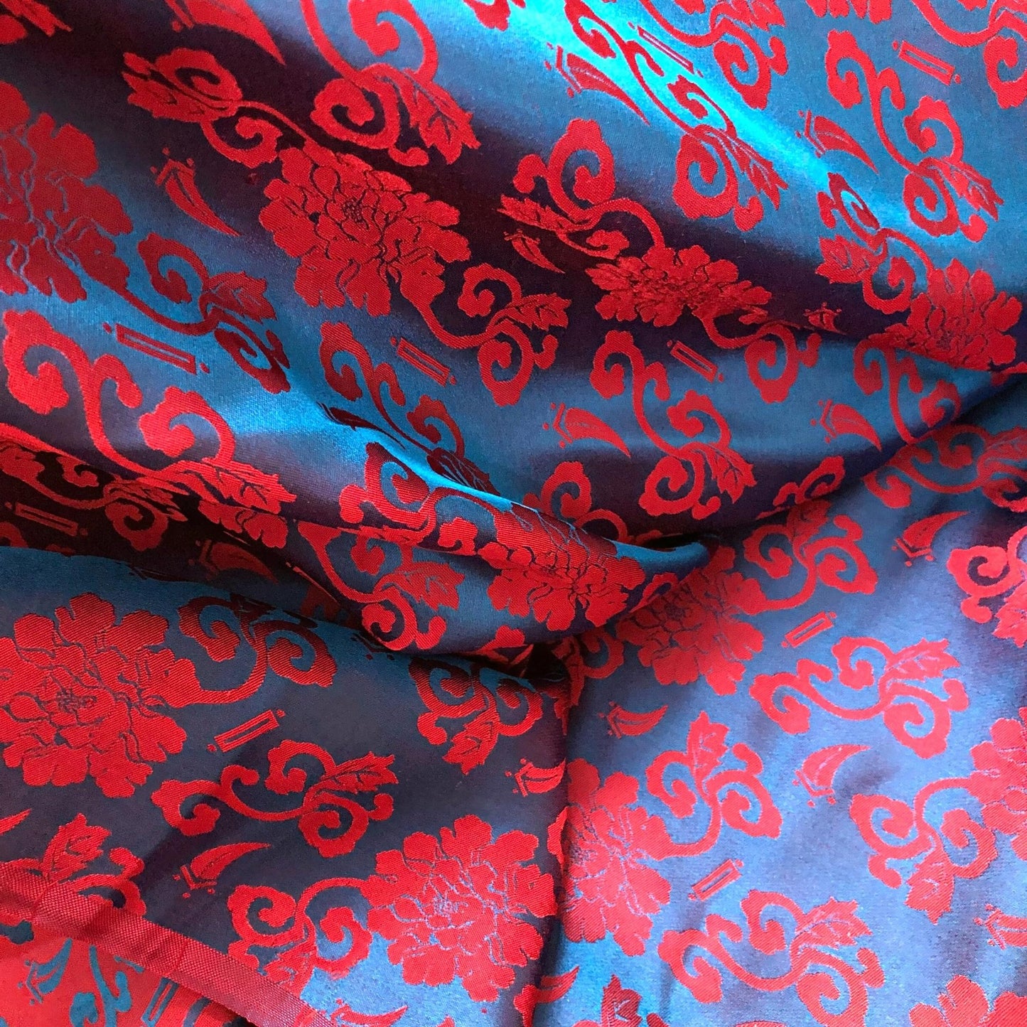 Blue silk with red flower pattern, Floral silk fabric, Pure mulberry silk, Handmade fabric, Organic fiber