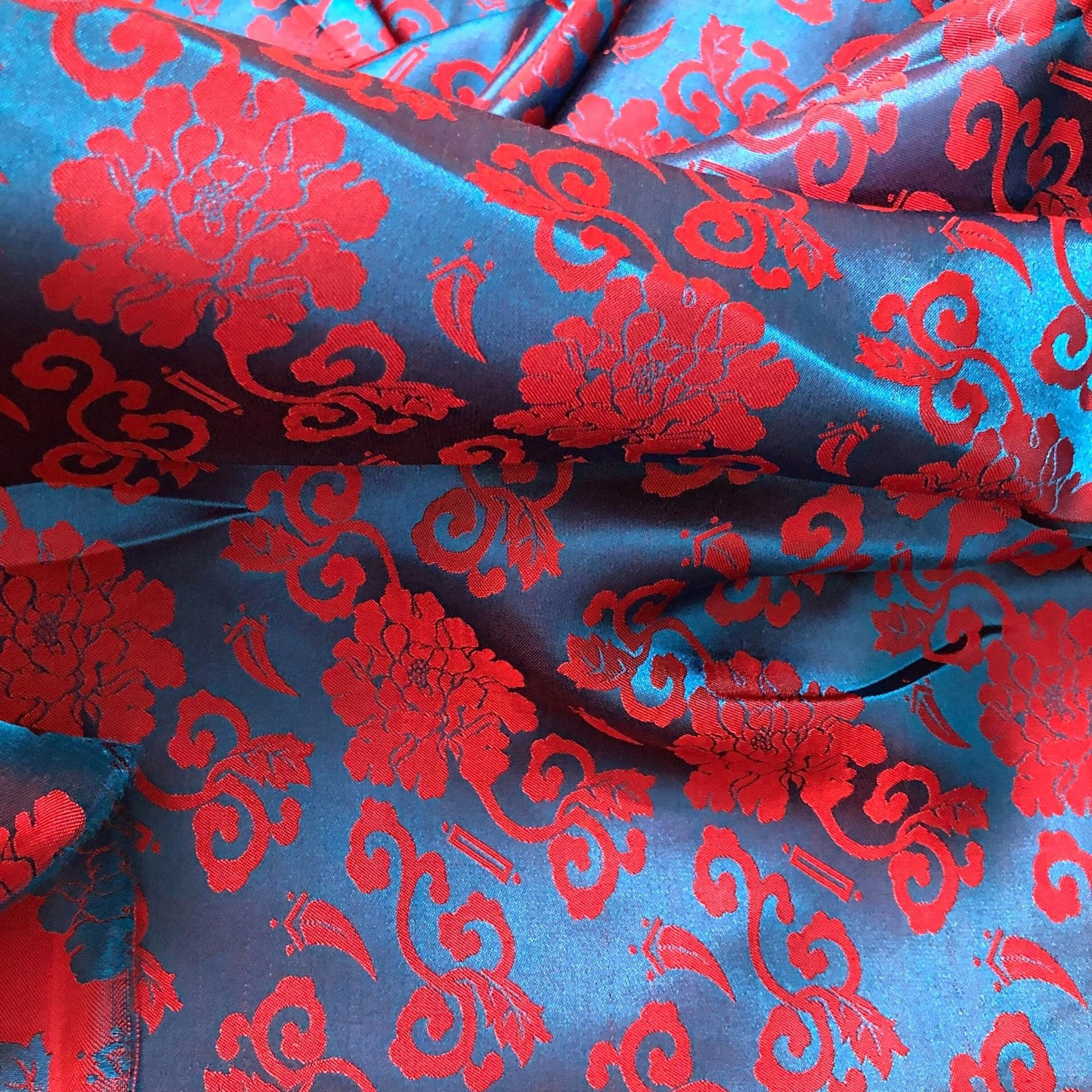 Blue silk with red flower pattern, Floral silk fabric, Pure mulberry silk, Handmade fabric, Organic fiber