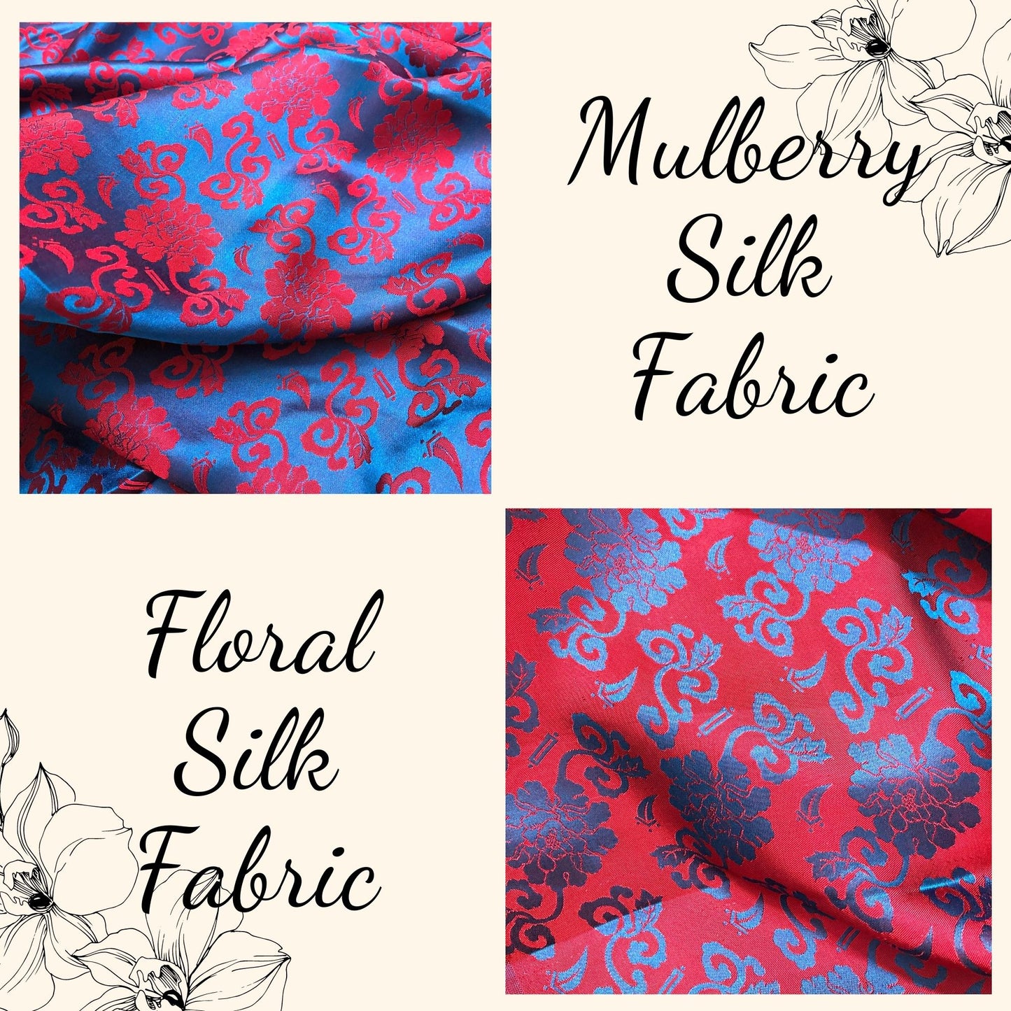 Blue silk with red flower pattern, Floral silk fabric, Pure mulberry silk, Handmade fabric, Organic fiber