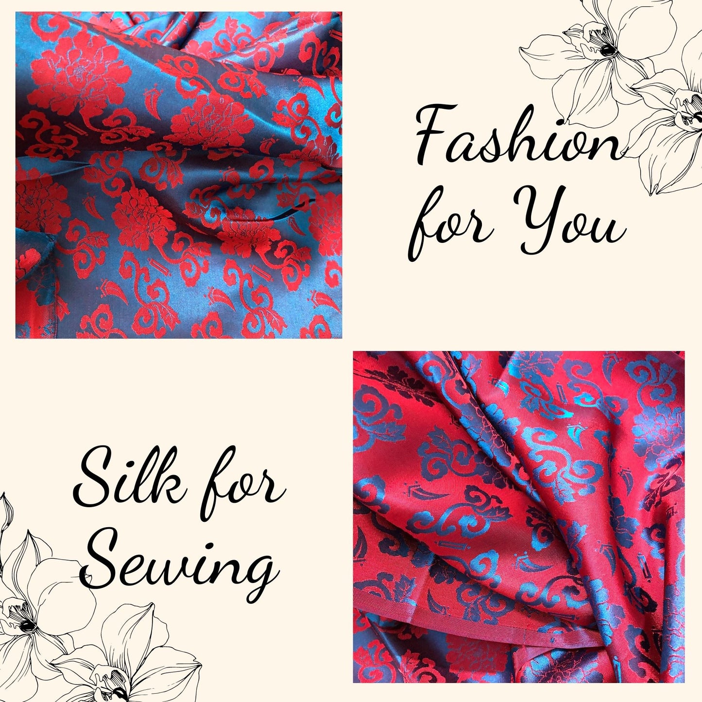 Blue silk with red flower pattern, Floral silk fabric, Pure mulberry silk, Handmade fabric, Organic fiber