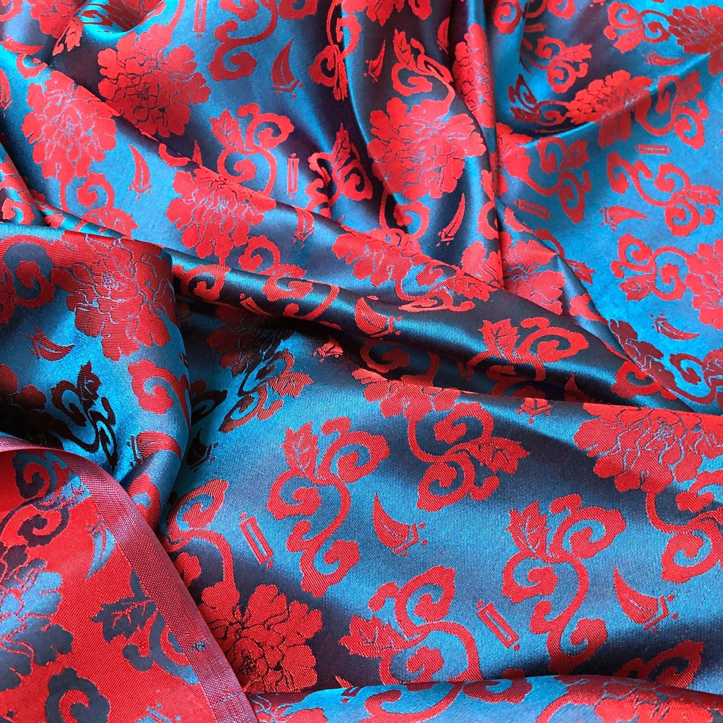 Blue silk with red flower pattern, Floral silk fabric, Pure mulberry silk, Handmade fabric, Organic fiber