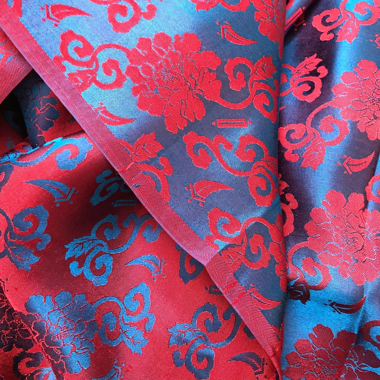 Blue silk with red flower pattern, Floral silk fabric, Pure mulberry silk, Handmade fabric, Organic fiber