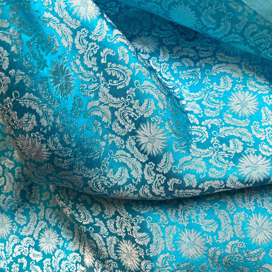 Blue Sky silk fabric with mulberry white chrysanthemum pattern, Pure mulberry silk, Handmade fabric, Organic fiber, Vintage textile