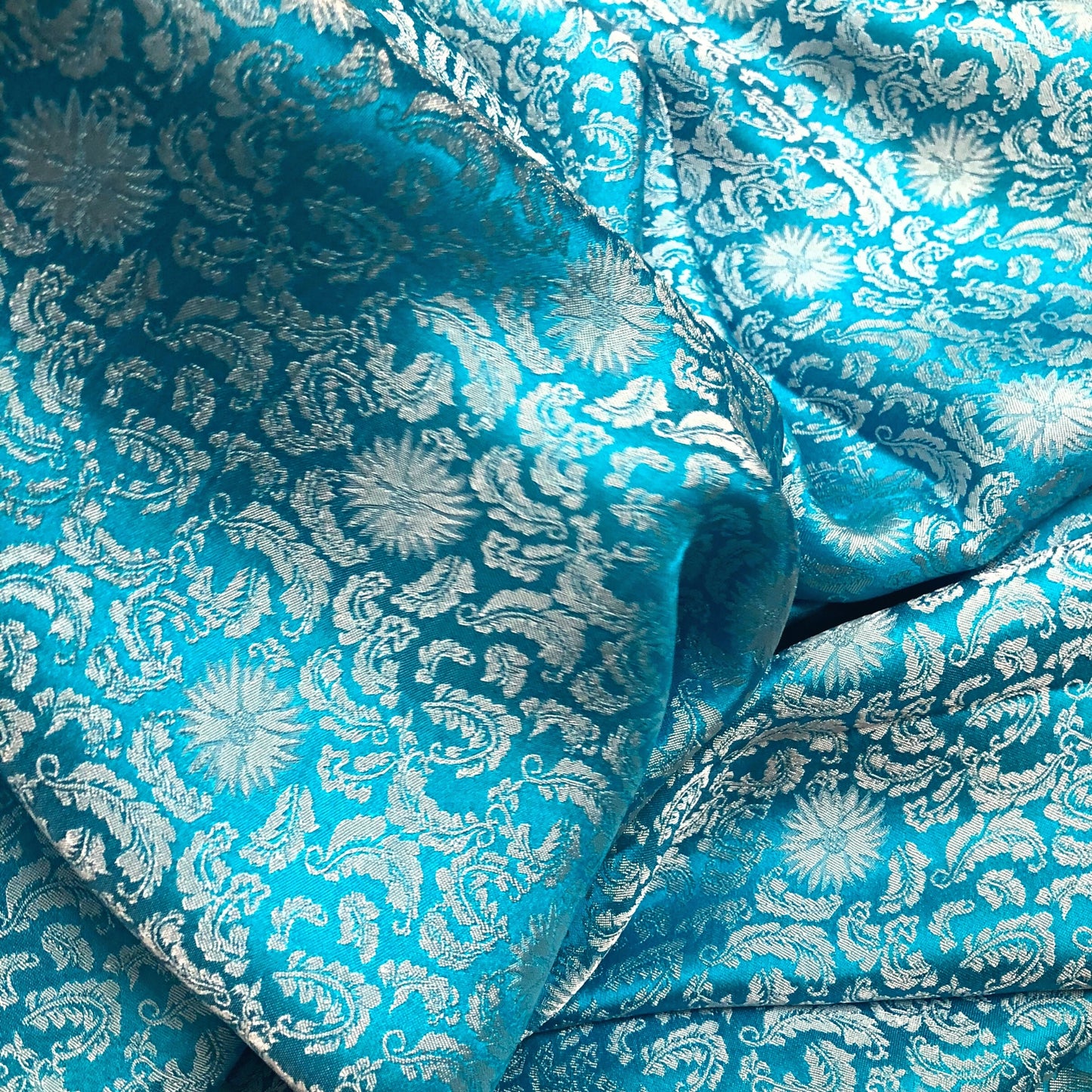 Blue Sky silk fabric with mulberry white chrysanthemum pattern, Pure mulberry silk, Handmade fabric, Organic fiber, Vintage textile