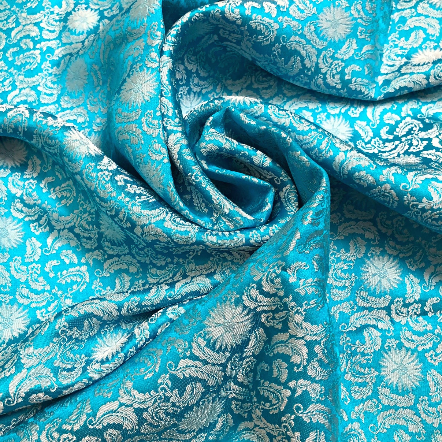 Blue Sky silk fabric with mulberry white chrysanthemum pattern, Pure mulberry silk, Handmade fabric, Organic fiber, Vintage textile