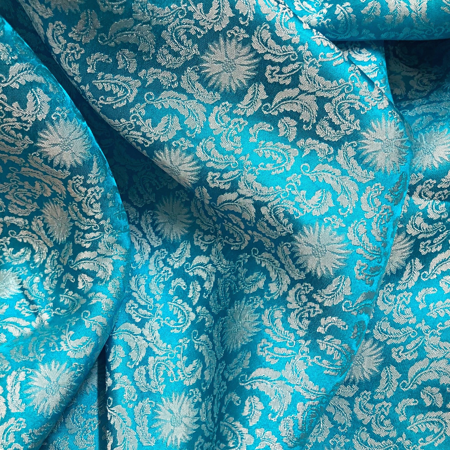 Blue Sky silk fabric with mulberry white chrysanthemum pattern, Pure mulberry silk, Handmade fabric, Organic fiber, Vintage textile