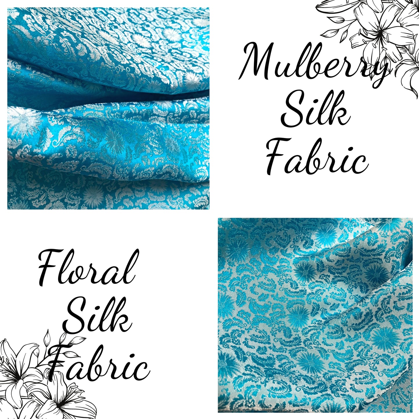 Blue Sky silk fabric with mulberry white chrysanthemum pattern, Pure mulberry silk, Handmade fabric, Organic fiber, Vintage textile