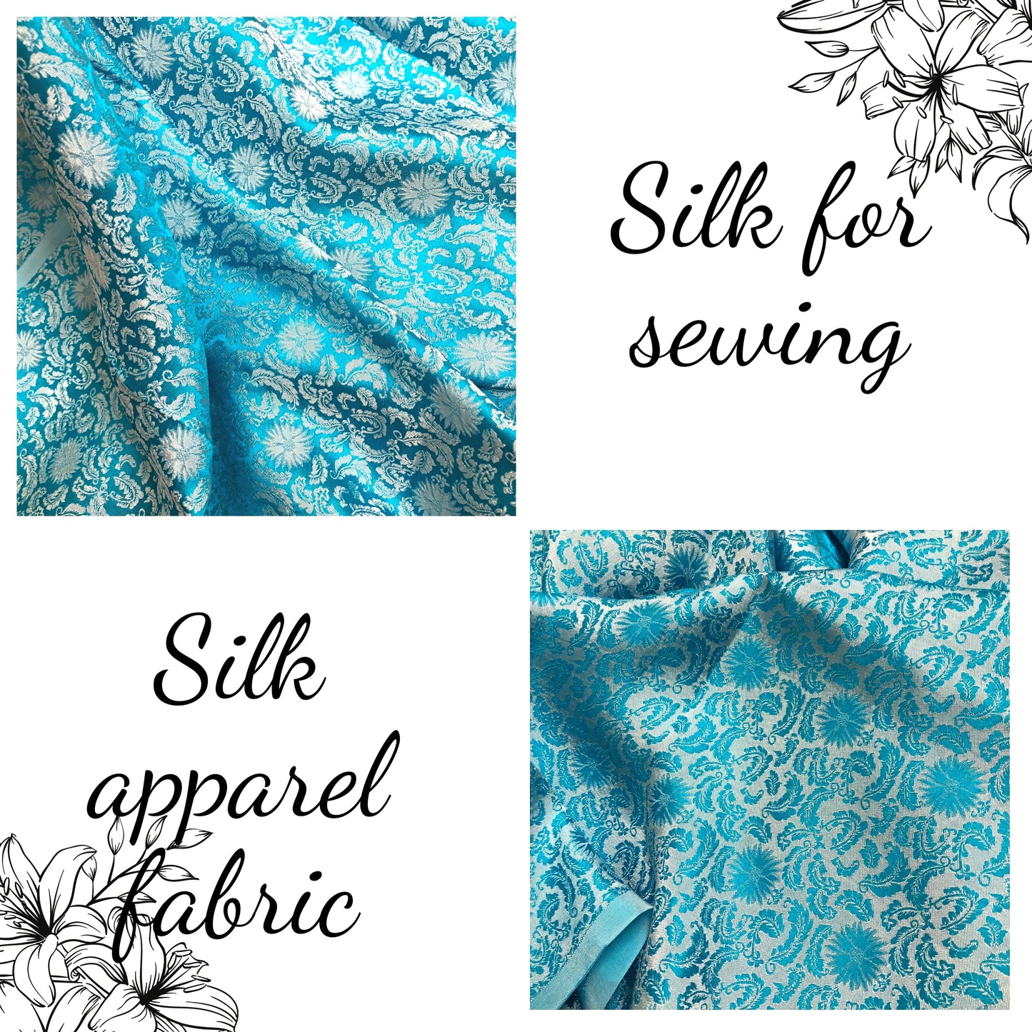 Blue Sky silk fabric with mulberry white chrysanthemum pattern, Pure mulberry silk, Handmade fabric, Organic fiber, Vintage textile