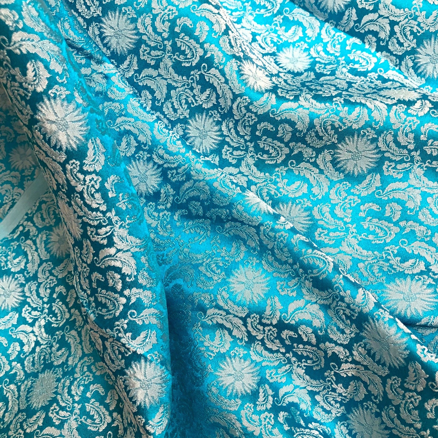 Blue Sky silk fabric with mulberry white chrysanthemum pattern, Pure mulberry silk, Handmade fabric, Organic fiber, Vintage textile