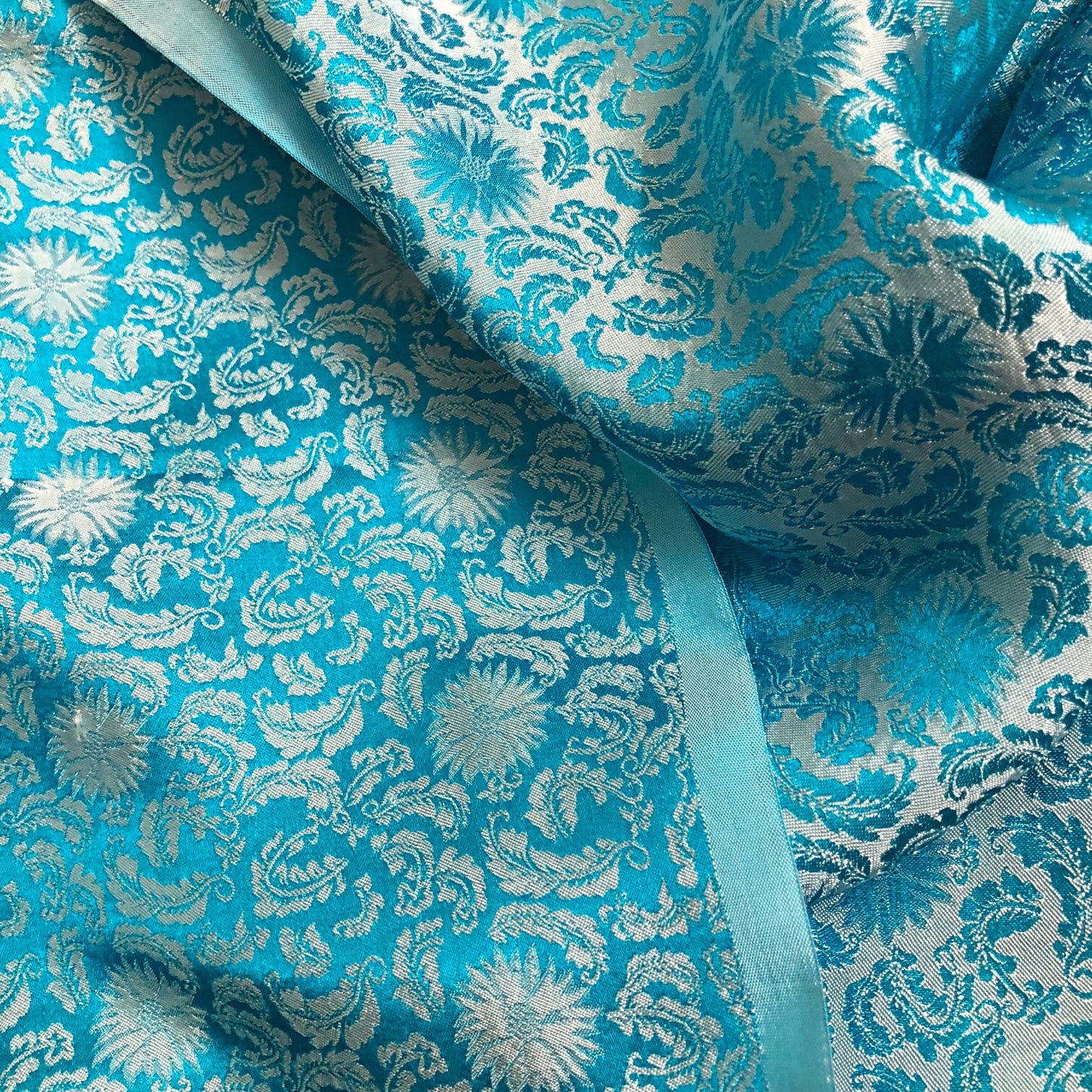 Blue Sky silk fabric with mulberry white chrysanthemum pattern, Pure mulberry silk, Handmade fabric, Organic fiber, Vintage textile