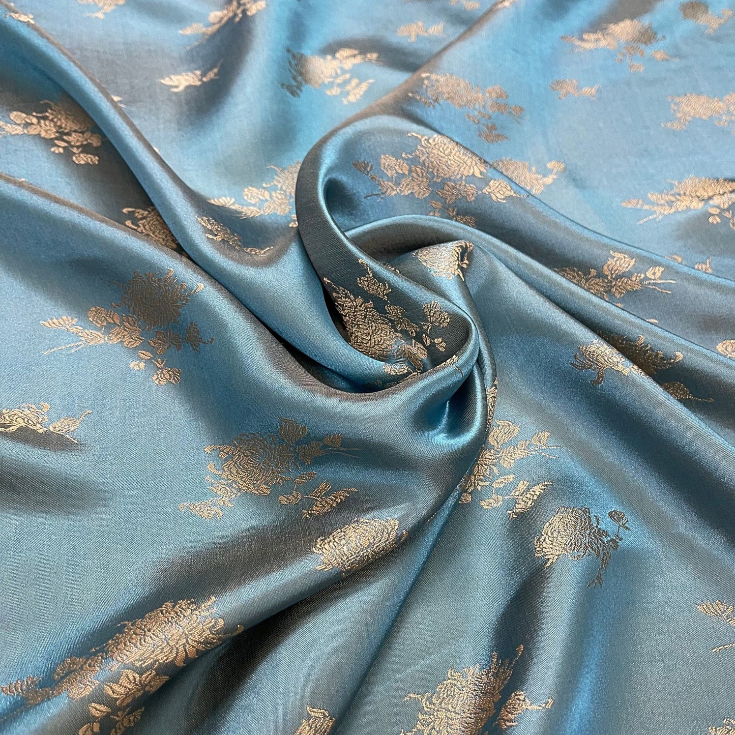 Blue silk with yellow flower  pattern fabric, Pure mulberry silk, Handmade fabric, Organic fiber, Vintage textile, Dress making, Gift for women, Silk dress, fabric silk