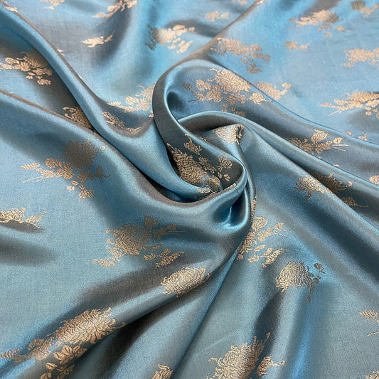 Blue silk with yellow flower  pattern fabric, Pure mulberry silk, Handmade fabric, Organic fiber, Vintage textile, Dress making, Gift for women, Silk dress, fabric silk