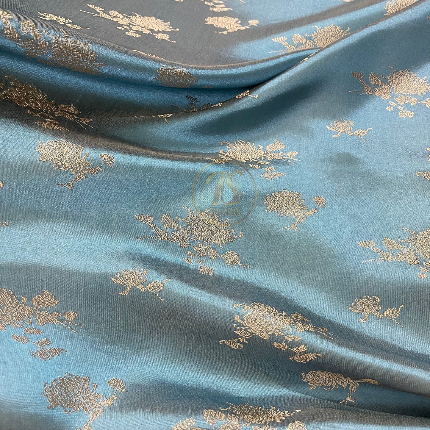 Blue silk with yellow flower  pattern fabric, Pure mulberry silk, Handmade fabric, Organic fiber, Vintage textile, Dress making, Gift for women, Silk dress, fabric silk