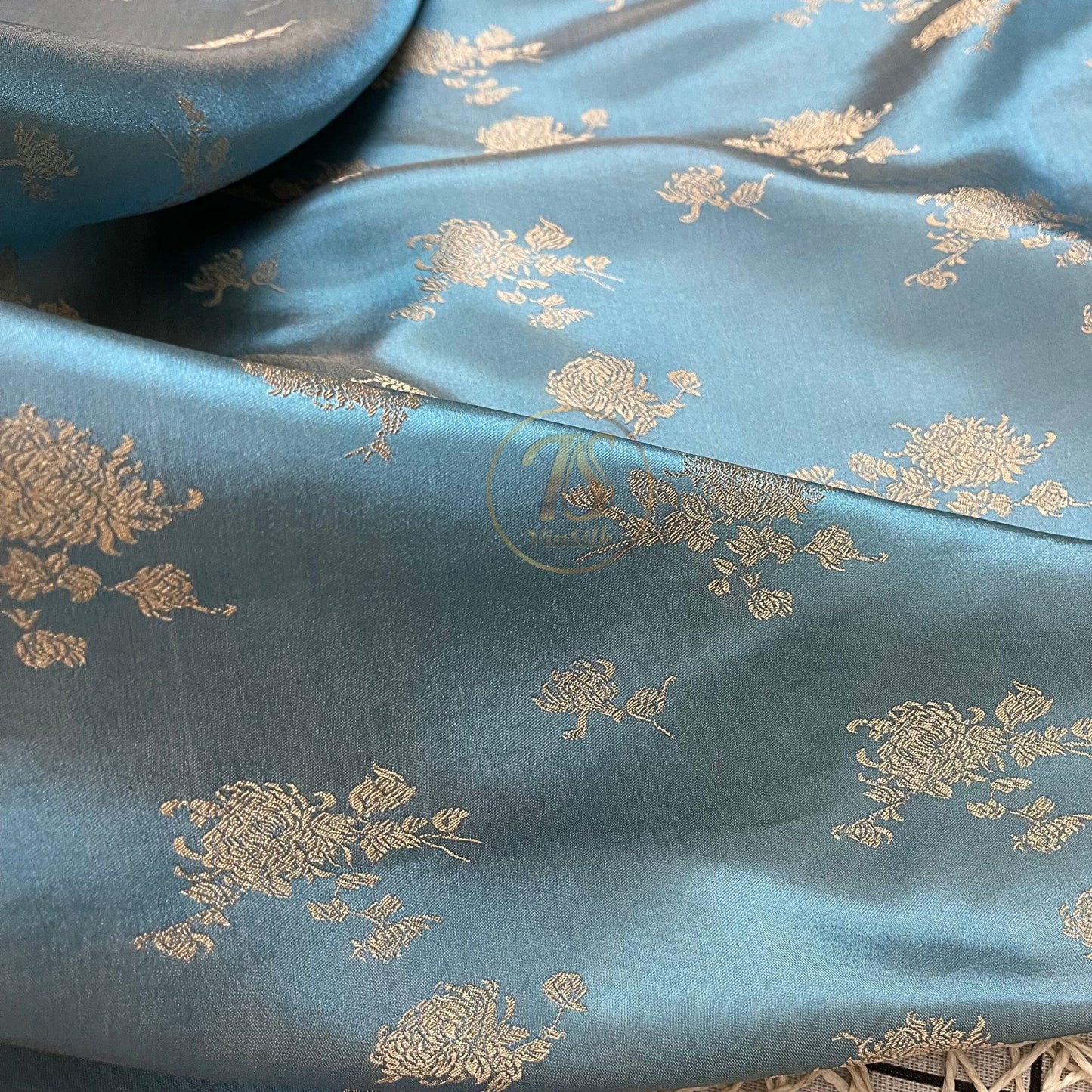 Blue silk with yellow flower  pattern fabric, Pure mulberry silk, Handmade fabric, Organic fiber, Vintage textile, Dress making, Gift for women, Silk dress, fabric silk