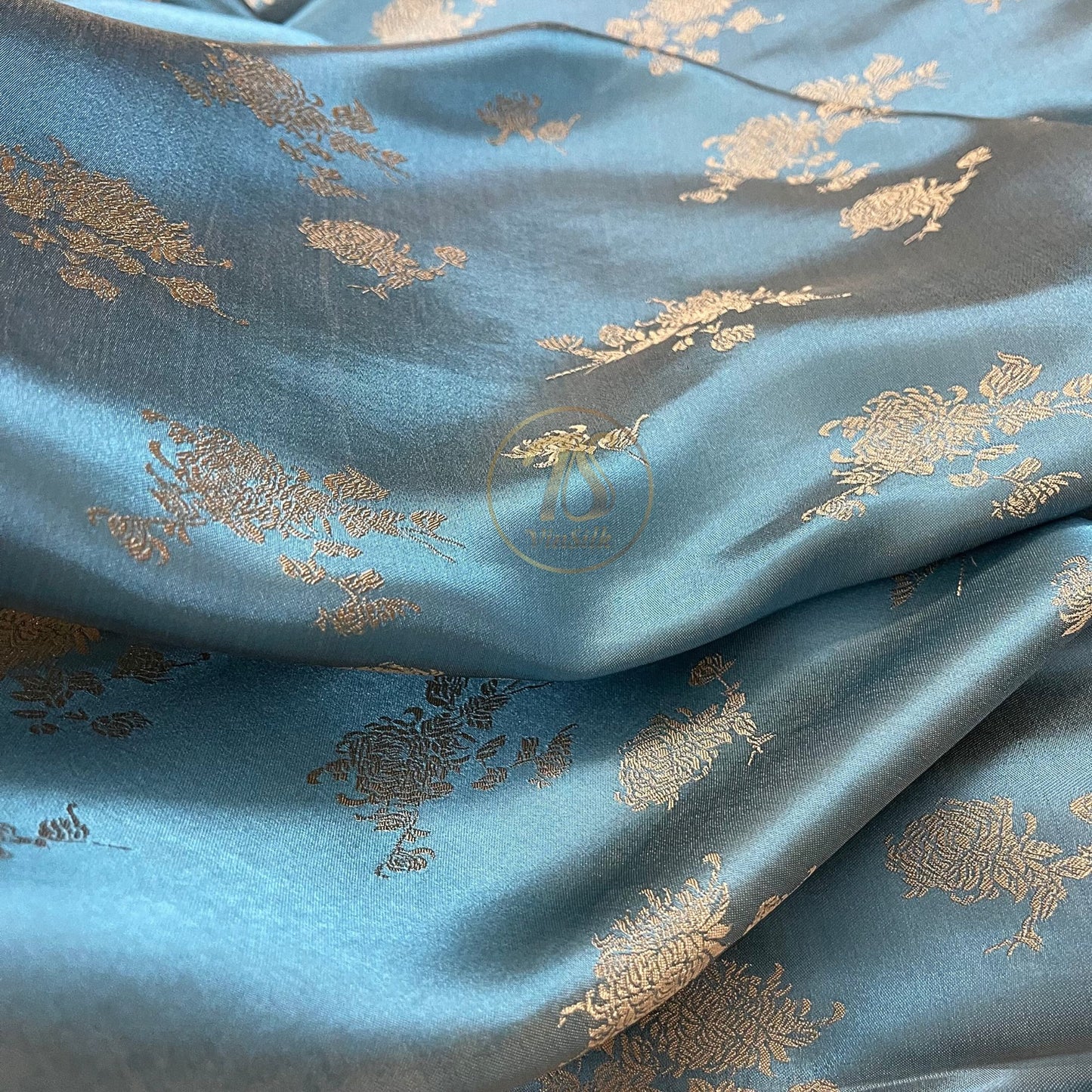 Blue silk with yellow flower  pattern fabric, Pure mulberry silk, Handmade fabric, Organic fiber, Vintage textile, Dress making, Gift for women, Silk dress, fabric silk