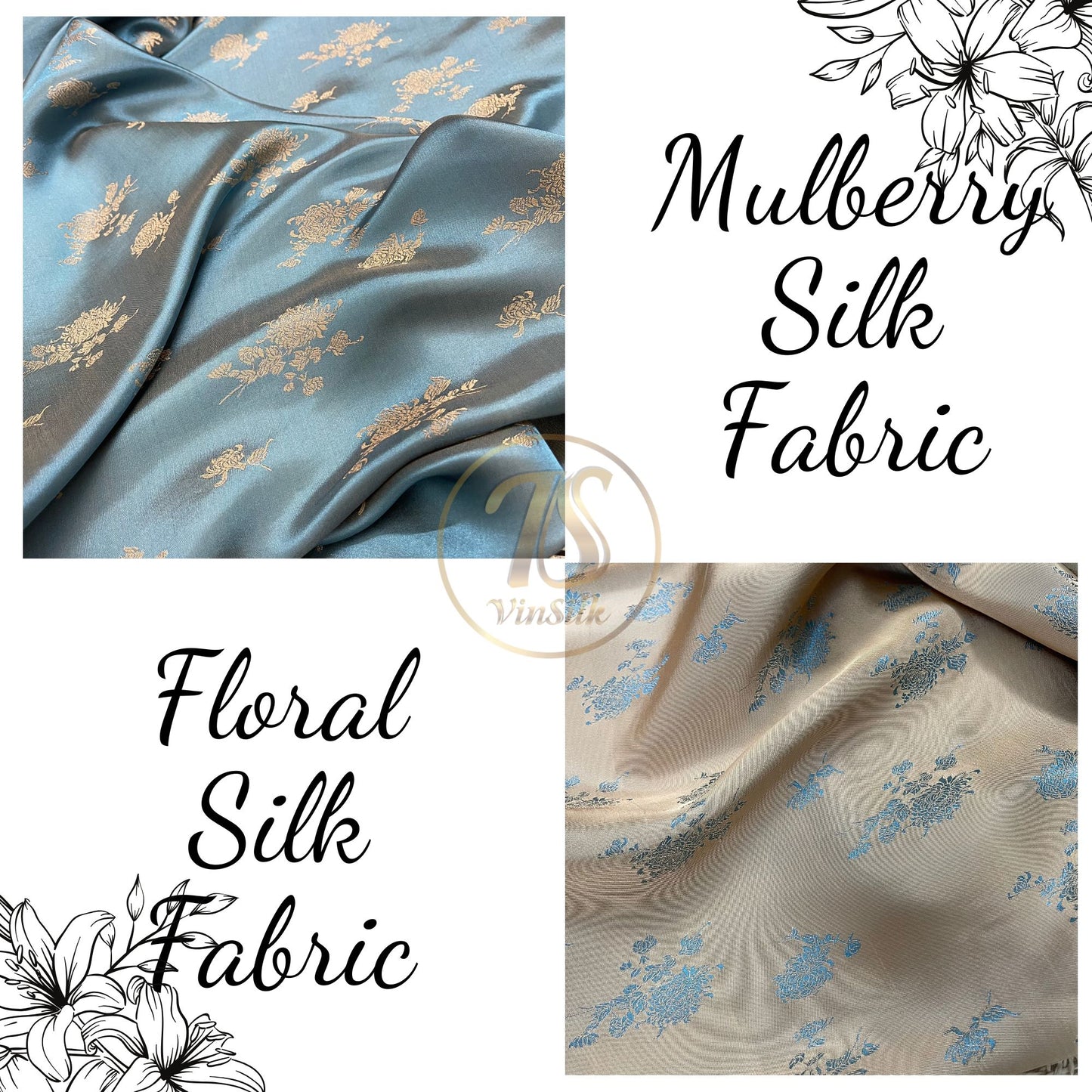 Blue silk with yellow flower  pattern fabric, Pure mulberry silk, Handmade fabric, Organic fiber, Vintage textile, Dress making, Gift for women, Silk dress, fabric silk