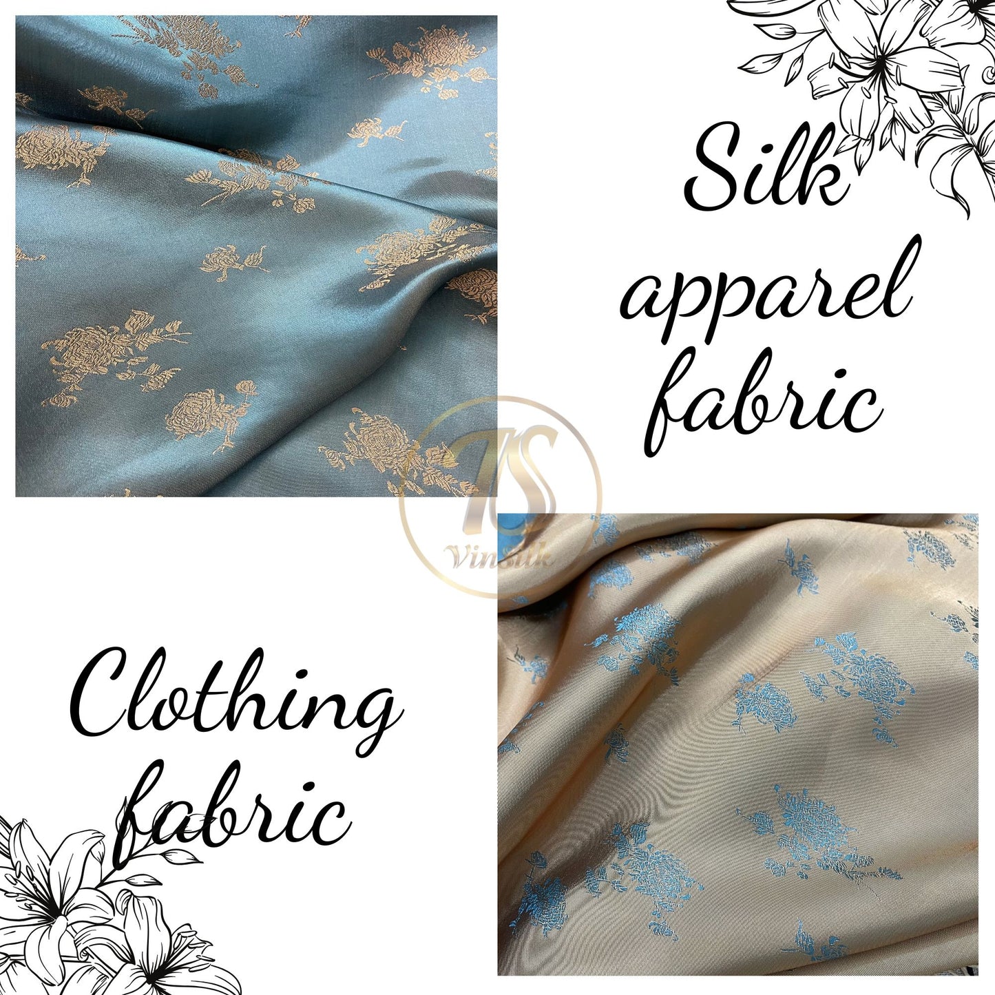 Blue silk with yellow flower  pattern fabric, Pure mulberry silk, Handmade fabric, Organic fiber, Vintage textile, Dress making, Gift for women, Silk dress, fabric silk