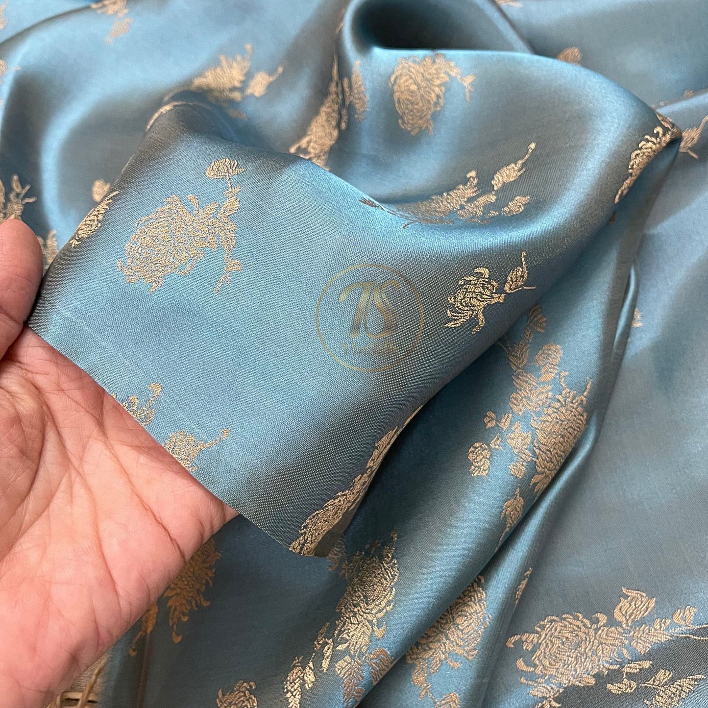 Blue silk with yellow flower  pattern fabric, Pure mulberry silk, Handmade fabric, Organic fiber, Vintage textile, Dress making, Gift for women, Silk dress, fabric silk
