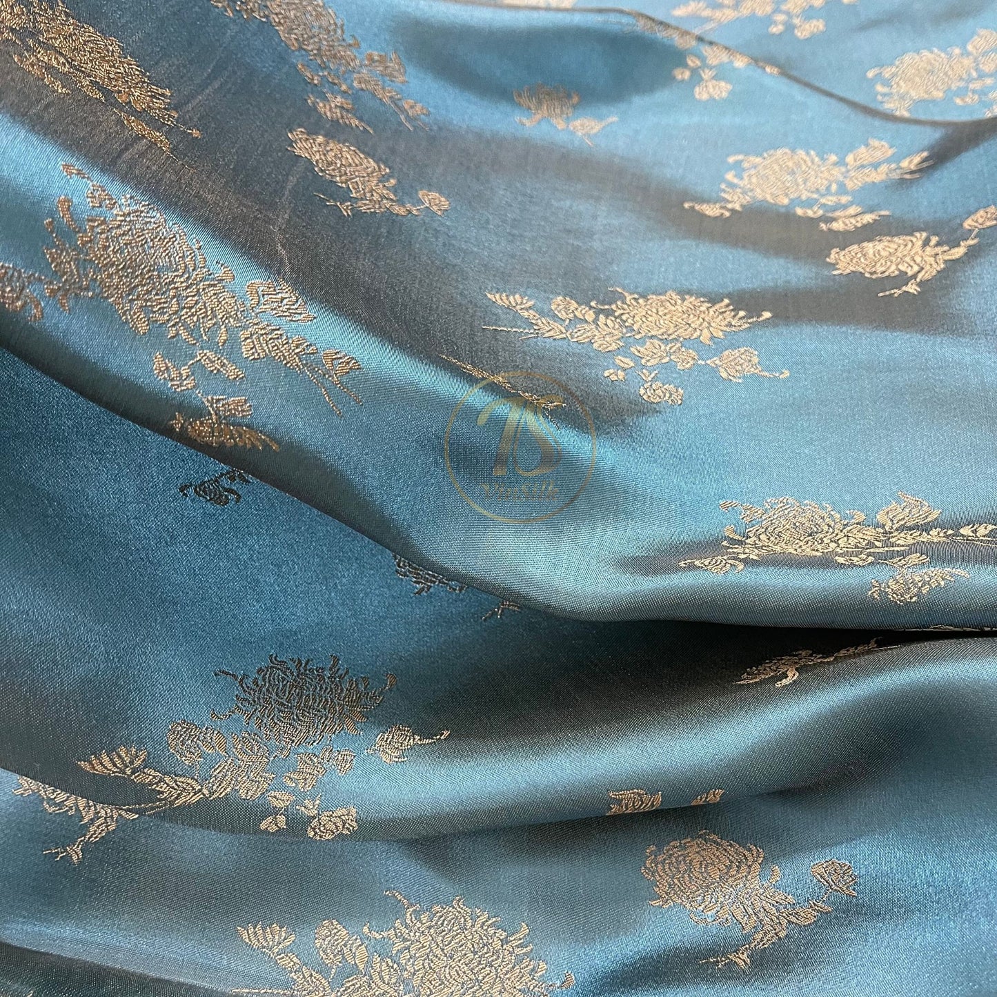 Blue silk with yellow flower  pattern fabric, Pure mulberry silk, Handmade fabric, Organic fiber, Vintage textile, Dress making, Gift for women, Silk dress, fabric silk