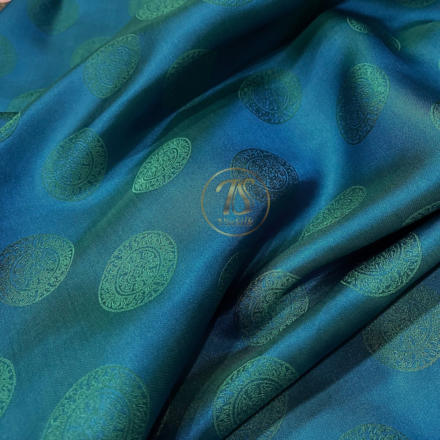 Dark blue silk fabric with mulberry Emerald pattern, Pure mulberry silk, Handmade fabric, Organic fiber, Vintage textile