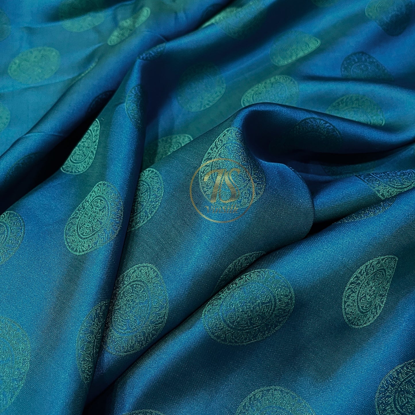 Dark blue silk fabric with mulberry Emerald pattern, Pure mulberry silk, Handmade fabric, Organic fiber, Vintage textile