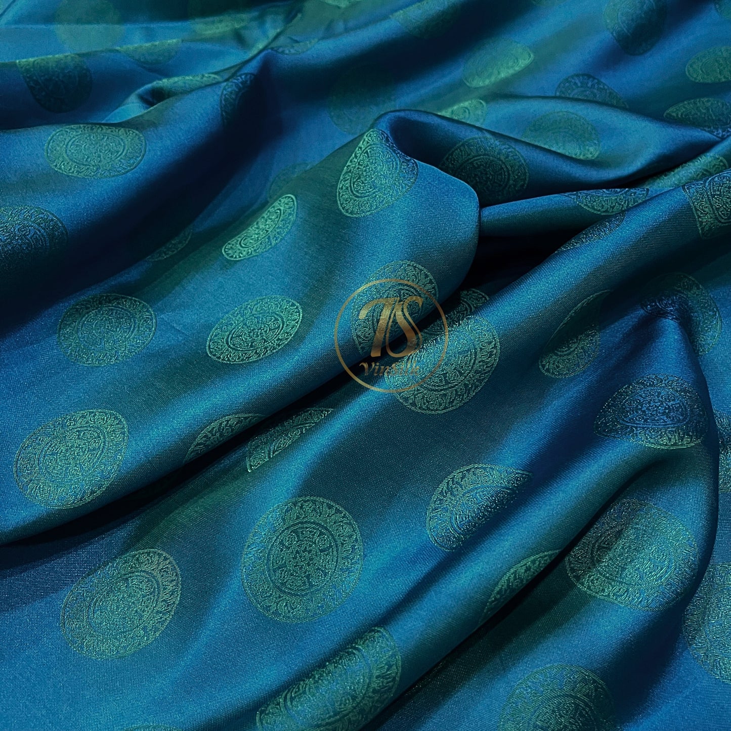 Dark blue silk fabric with mulberry Emerald pattern, Pure mulberry silk, Handmade fabric, Organic fiber, Vintage textile
