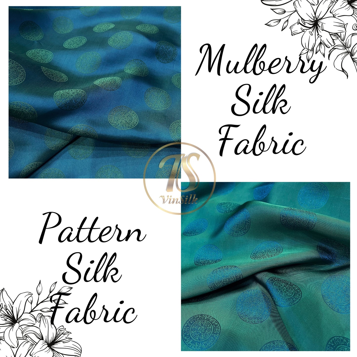 Dark blue silk fabric with mulberry Emerald pattern, Pure mulberry silk, Handmade fabric, Organic fiber, Vintage textile