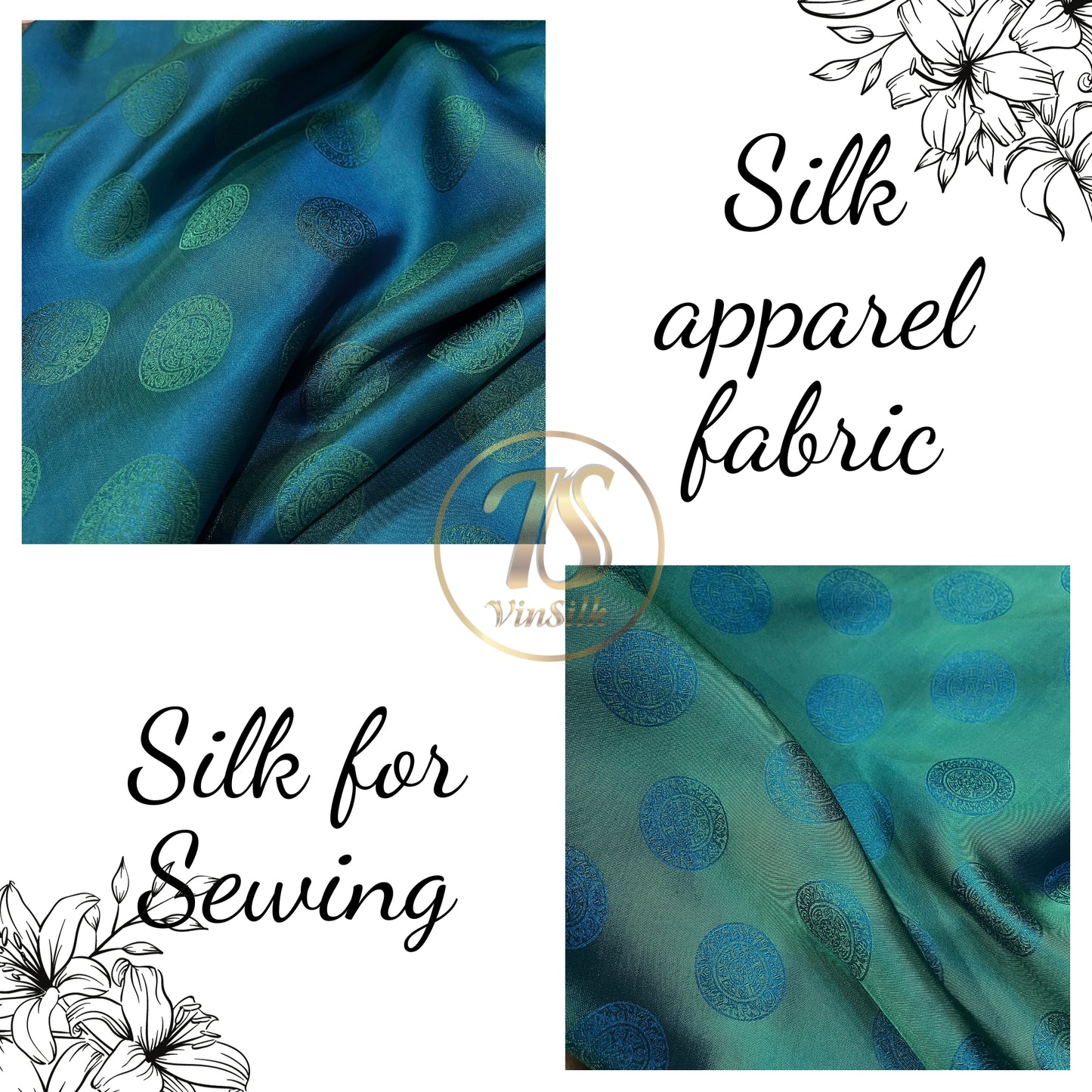 Dark blue silk fabric with mulberry Emerald pattern, Pure mulberry silk, Handmade fabric, Organic fiber, Vintage textile