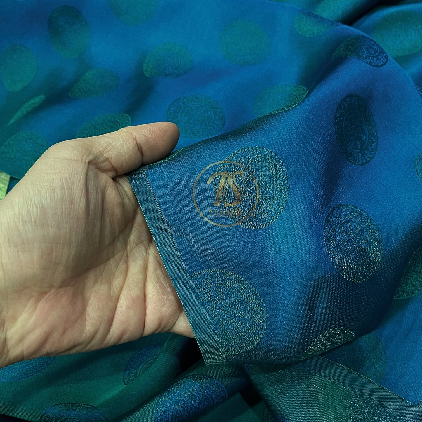 Dark blue silk fabric with mulberry Emerald pattern, Pure mulberry silk, Handmade fabric, Organic fiber, Vintage textile