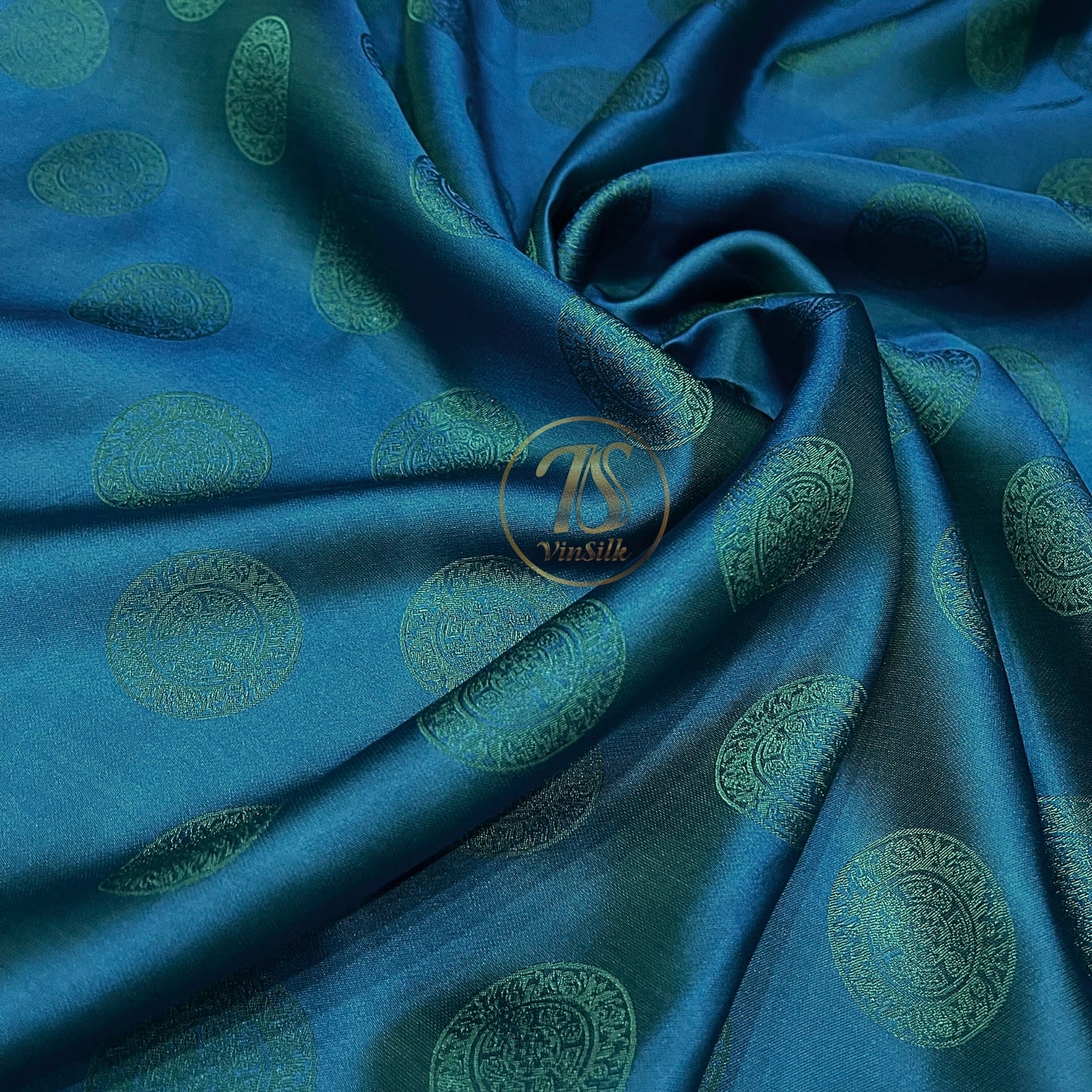 Dark blue silk fabric with mulberry Emerald pattern, Pure mulberry silk, Handmade fabric, Organic fiber, Vintage textile