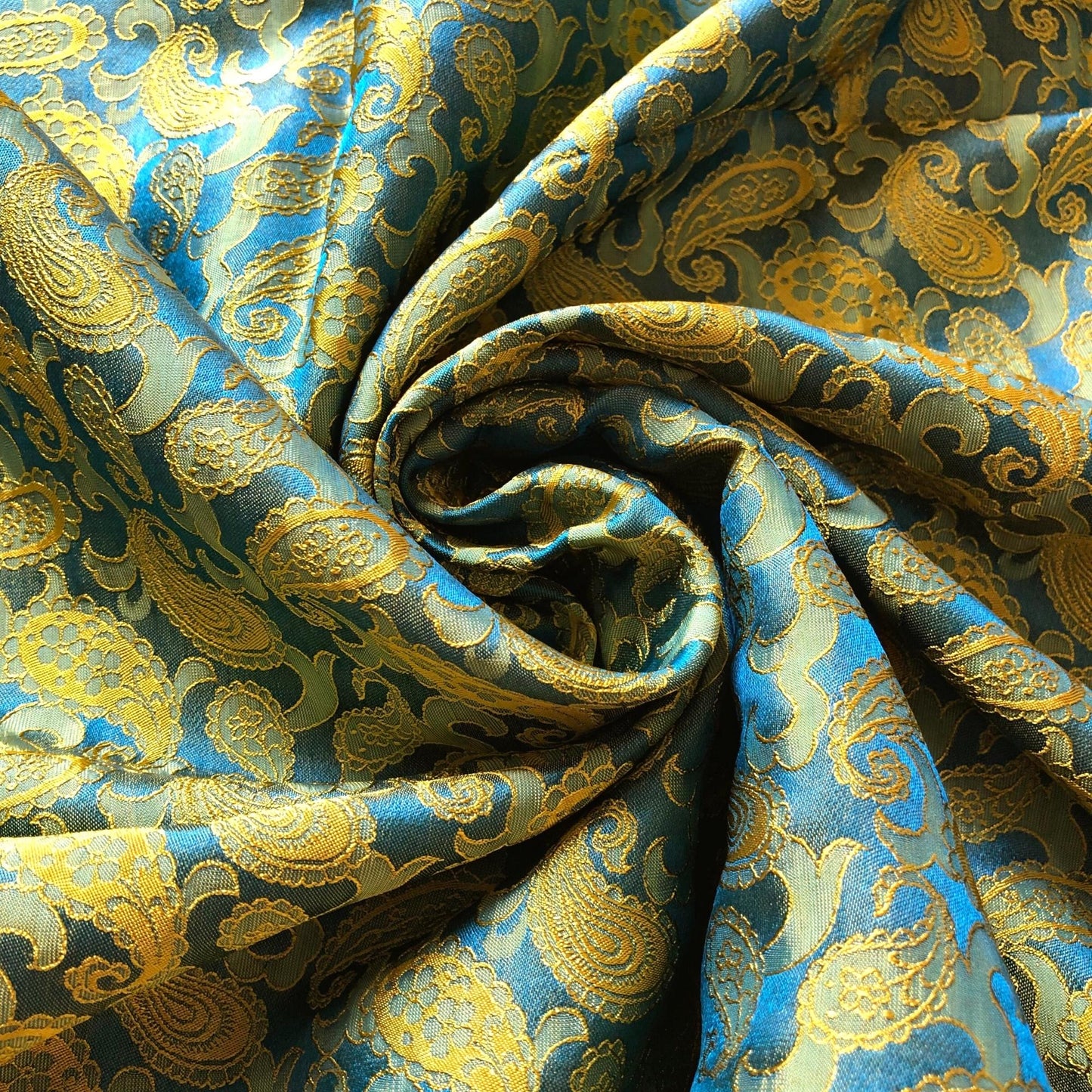 Blue Yellow fabric with mulberry peacock tails pattern, Pure mulberry silk, Handmade fabric, Organic fiber