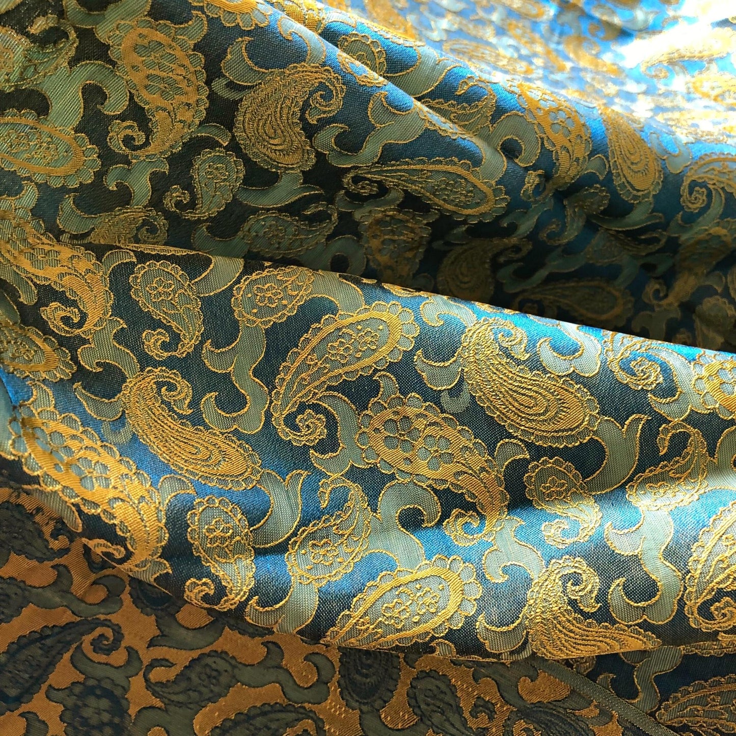 Blue Yellow fabric with mulberry peacock tails pattern, Pure mulberry silk, Handmade fabric, Organic fiber