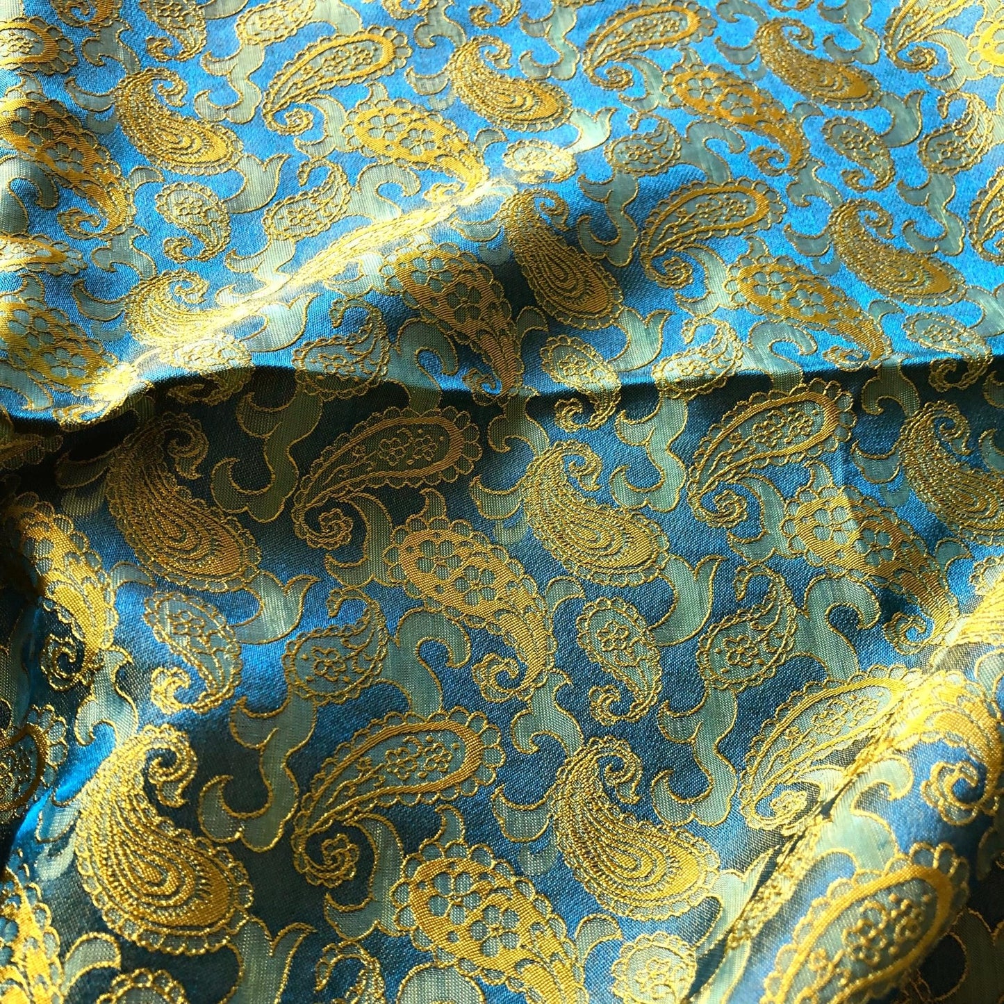Blue Yellow fabric with mulberry peacock tails pattern, Pure mulberry silk, Handmade fabric, Organic fiber