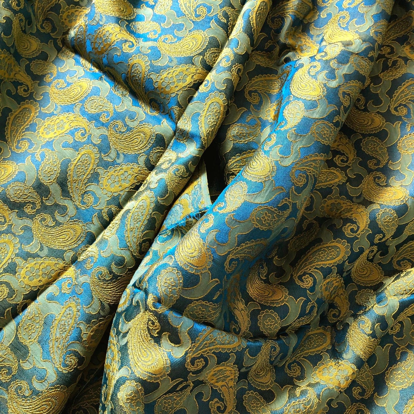 Blue Yellow fabric with mulberry peacock tails pattern, Pure mulberry silk, Handmade fabric, Organic fiber