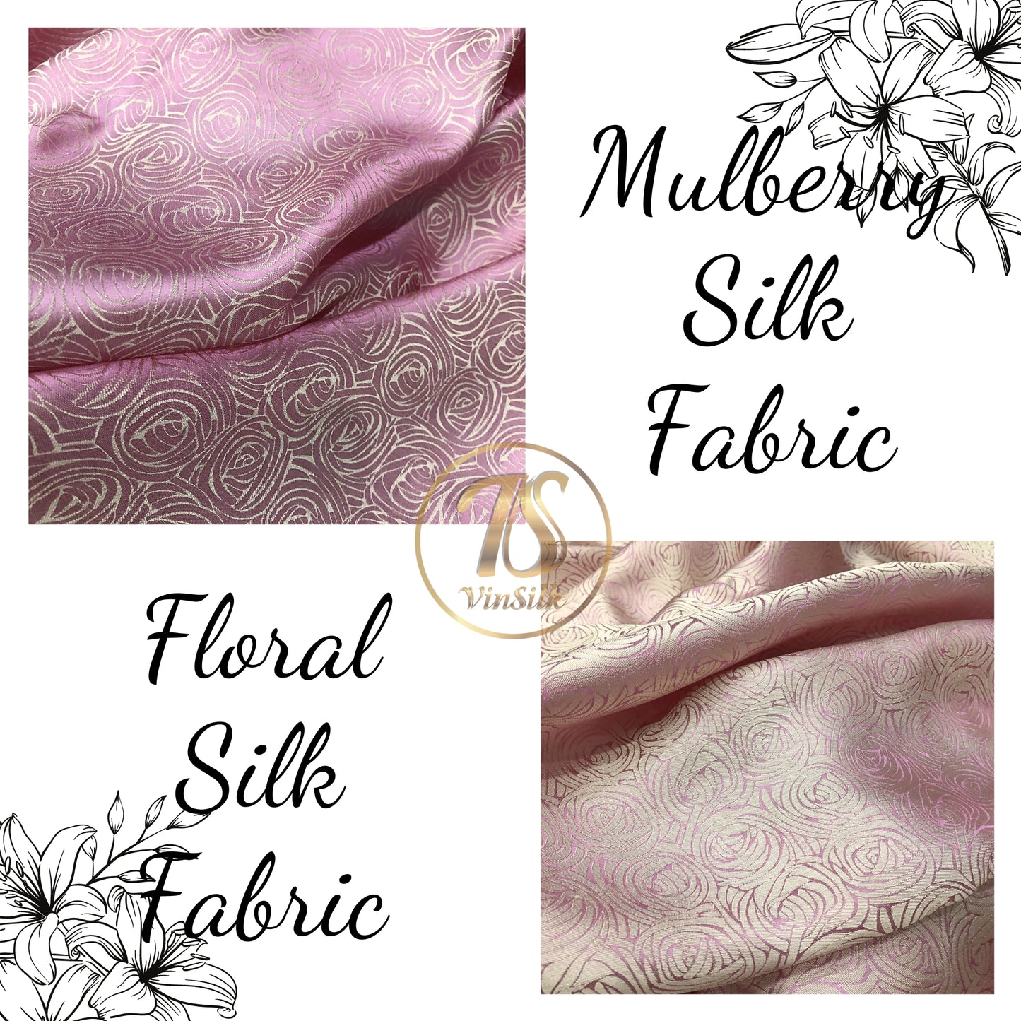 Light pink silk fabric with mulberry cabbage pattern, Pure mulberry silk, Handmade fabric, Organic fiber
