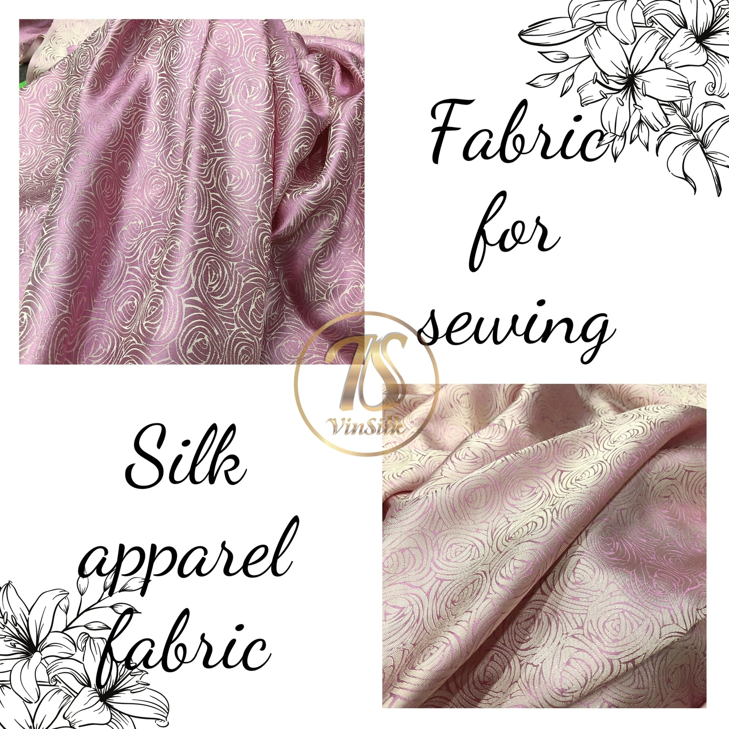 Light pink silk fabric with mulberry cabbage pattern, Pure mulberry silk, Handmade fabric, Organic fiber