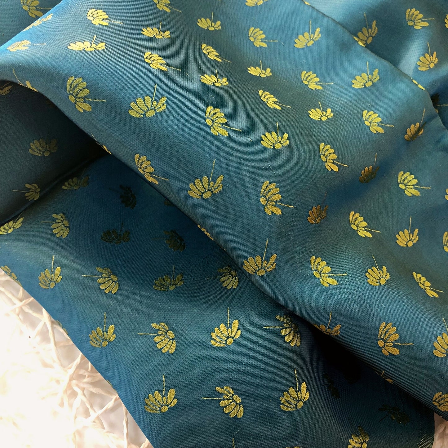 Blue Yellow fabric with mulberry dandelion pattern, Pure mulberry silk, Handmade fabric, Organic fiber