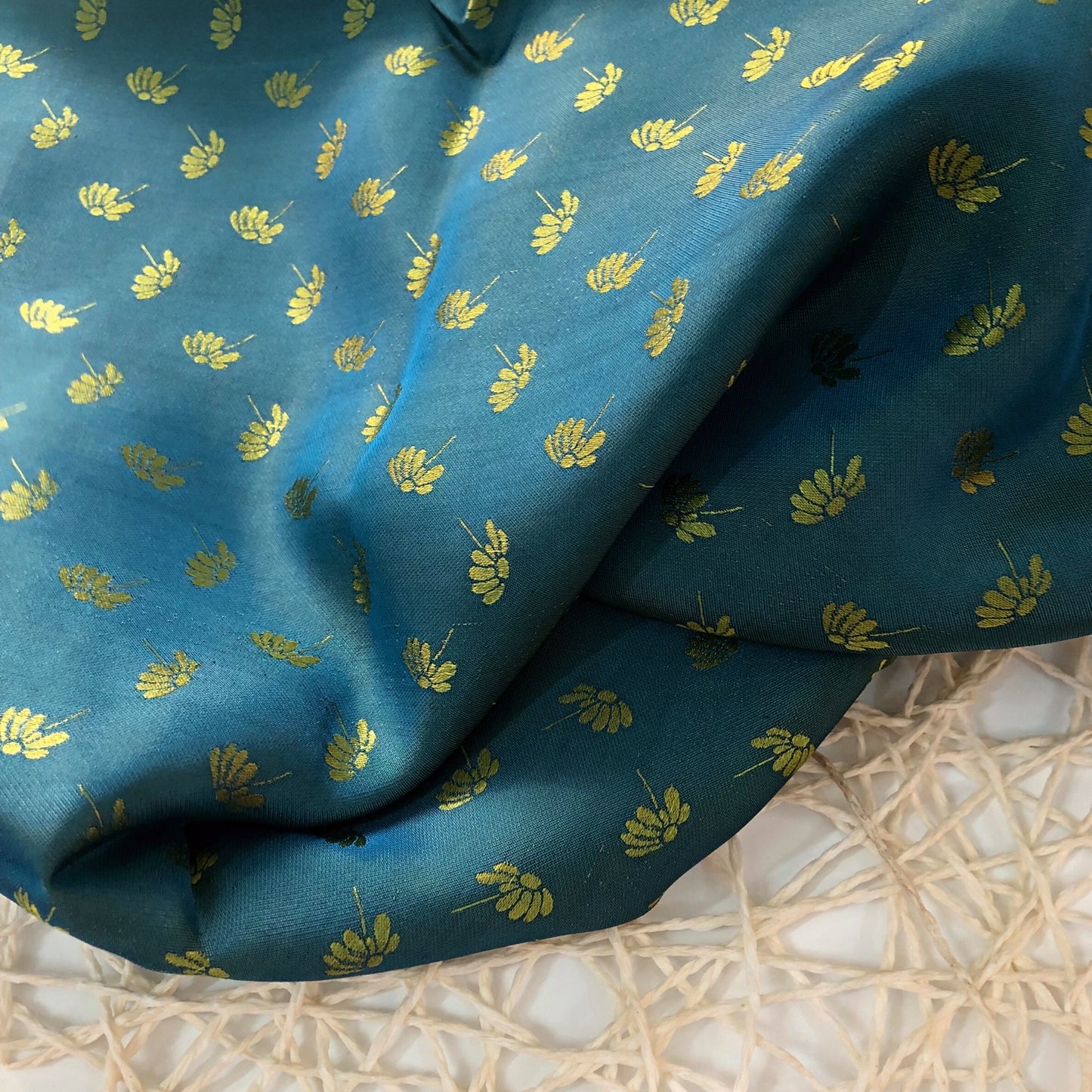 Blue Yellow fabric with mulberry dandelion pattern, Pure mulberry silk, Handmade fabric, Organic fiber