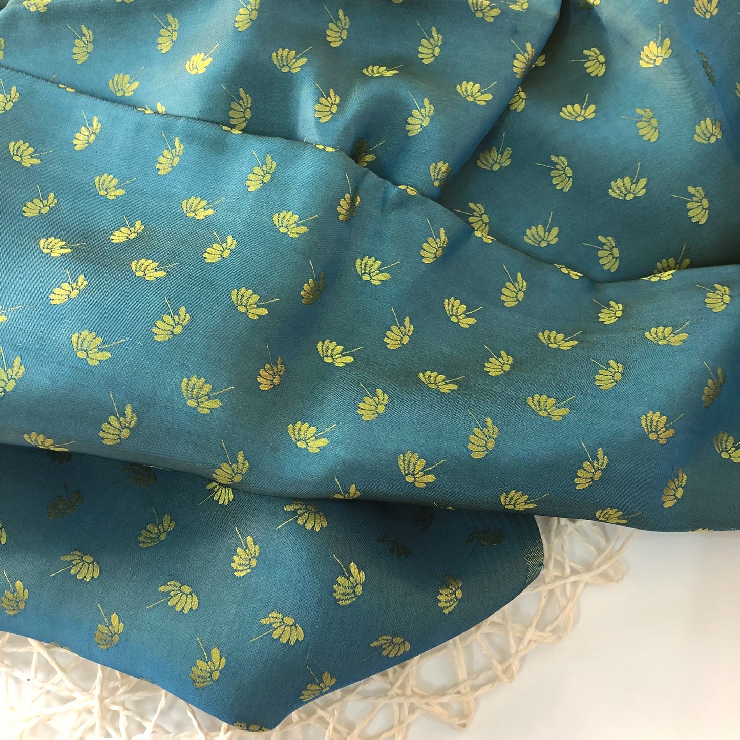 Blue Yellow fabric with mulberry dandelion pattern, Pure mulberry silk, Handmade fabric, Organic fiber