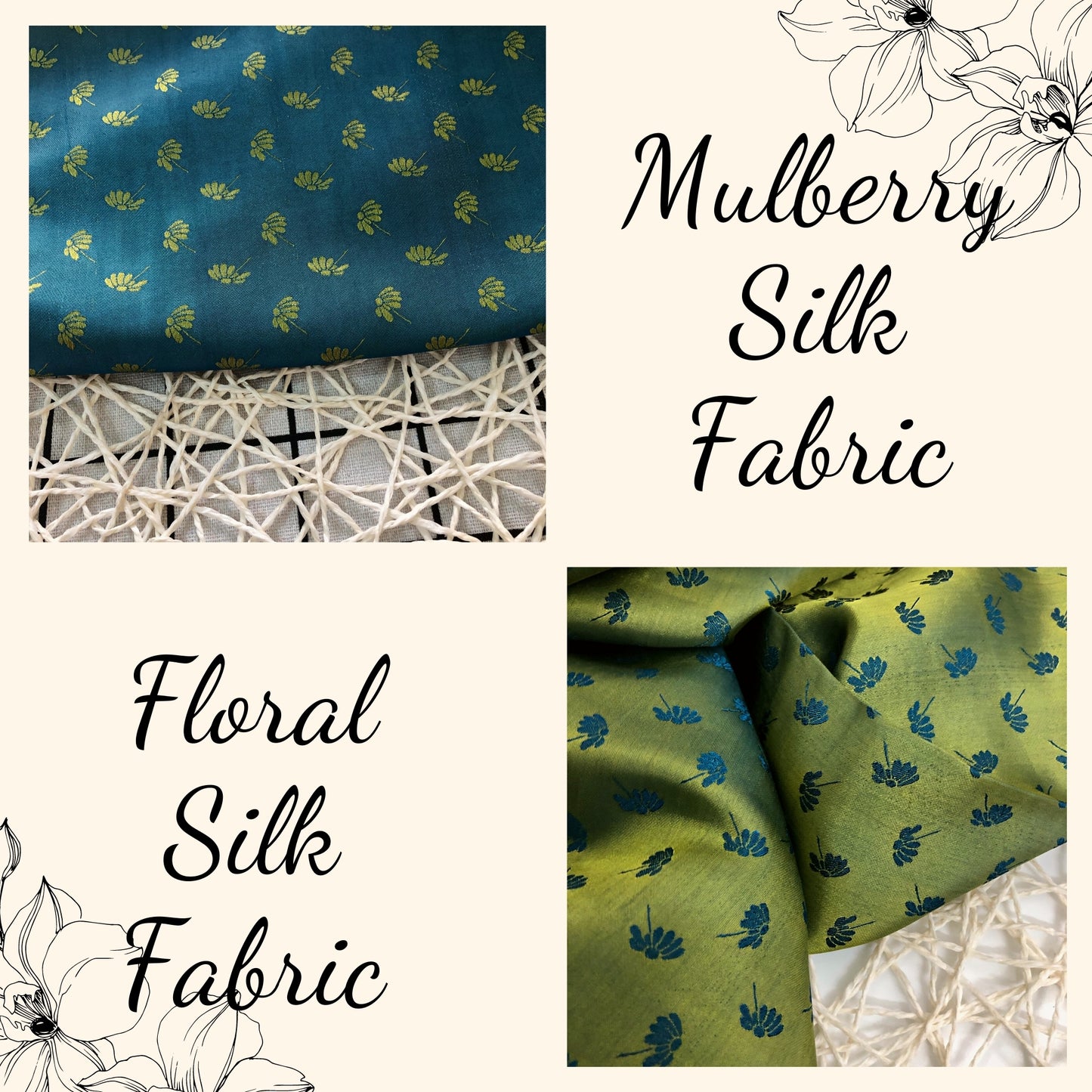 Blue Yellow fabric with mulberry dandelion pattern, Pure mulberry silk, Handmade fabric, Organic fiber