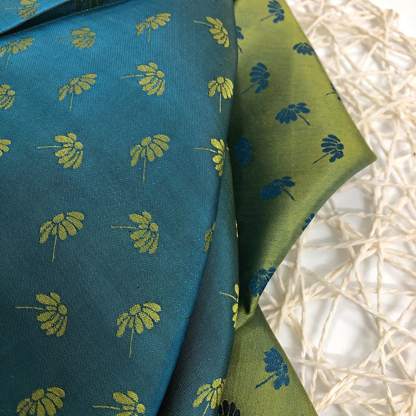Blue Yellow fabric with mulberry dandelion pattern, Pure mulberry silk, Handmade fabric, Organic fiber