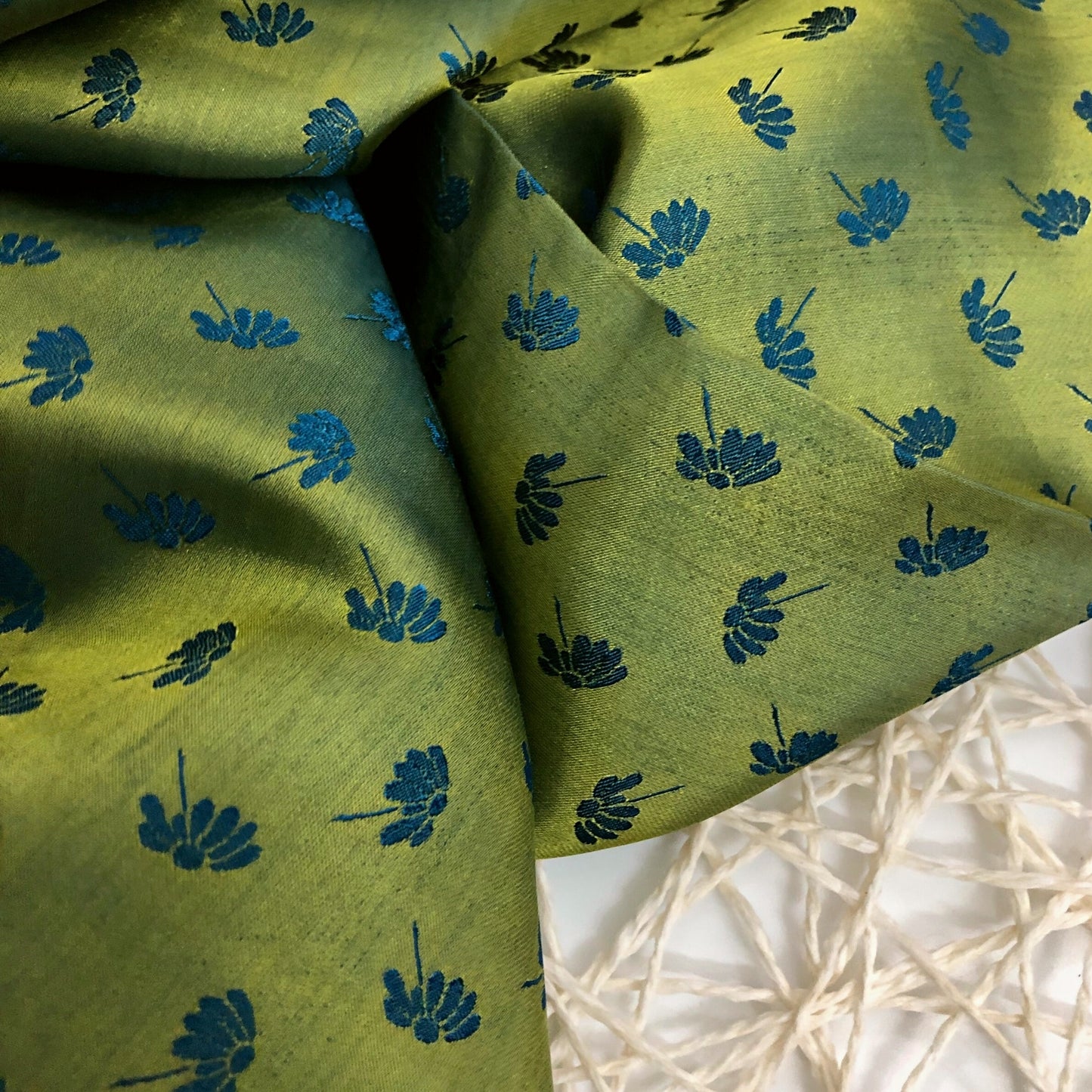 Blue Yellow fabric with mulberry dandelion pattern, Pure mulberry silk, Handmade fabric, Organic fiber