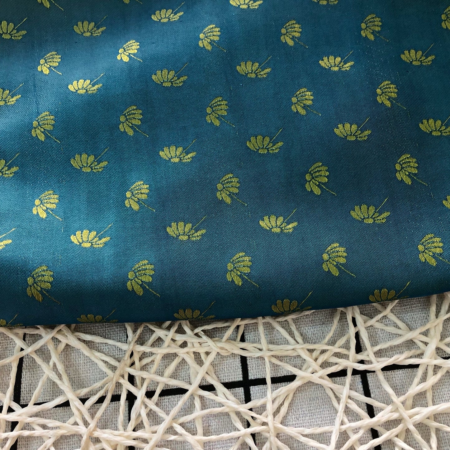 Blue Yellow fabric with mulberry dandelion pattern, Pure mulberry silk, Handmade fabric, Organic fiber