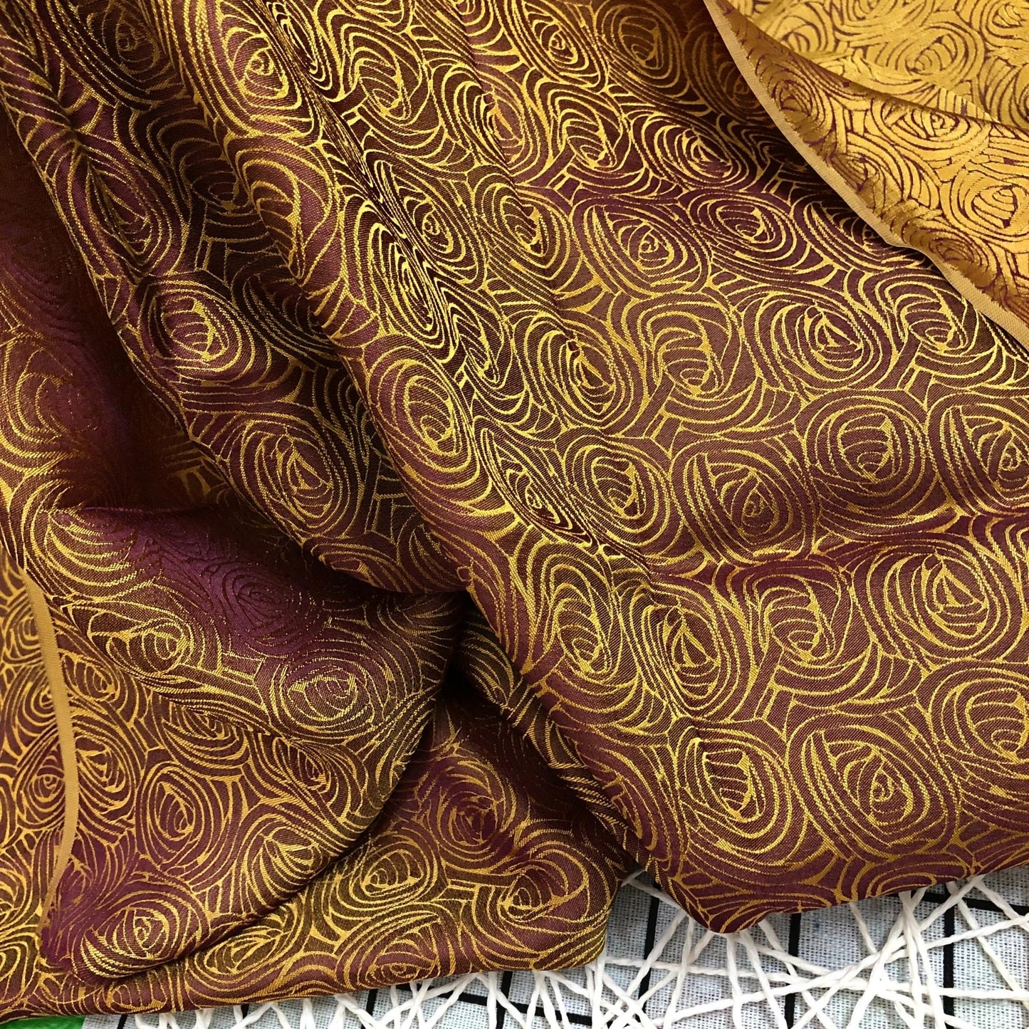 Brown Yellow silk fabric with mulberry cabbage pattern, Pure mulberry silk, Handmade fabric, Organic fiber